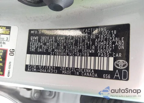 2019 Toyota Corolla Le z USA, uszkodzony, nr VIN 2T1BURHE1KC183189